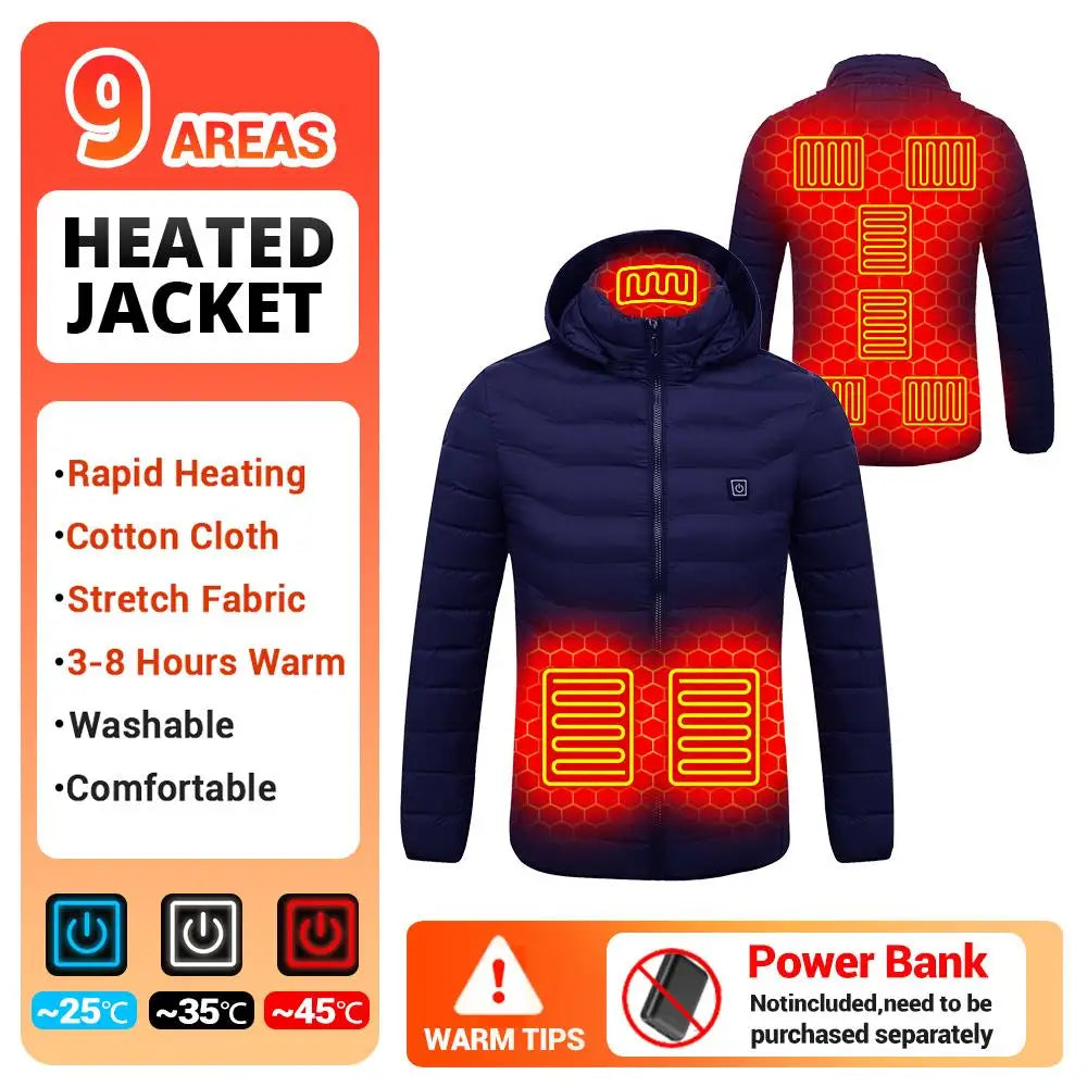 Heated Jacket Vest for Men and Women 9 Areas Heated Coat Cotton Warm Clothing USB Heating Hunting Hiking Camping Autumn Winter
