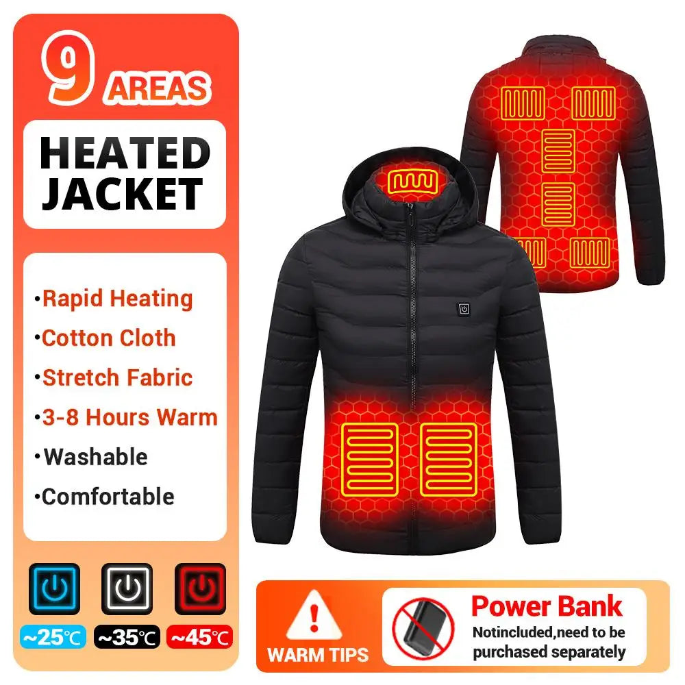 Heated Jacket Vest for Men and Women 9 Areas Heated Coat Cotton Warm Clothing USB Heating Hunting Hiking Camping Autumn Winter