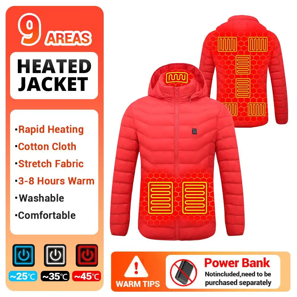 Heated Jacket Vest for Men and Women 9 Areas Heated Coat Cotton Warm Clothing USB Heating Hunting Hiking Camping Autumn Winter